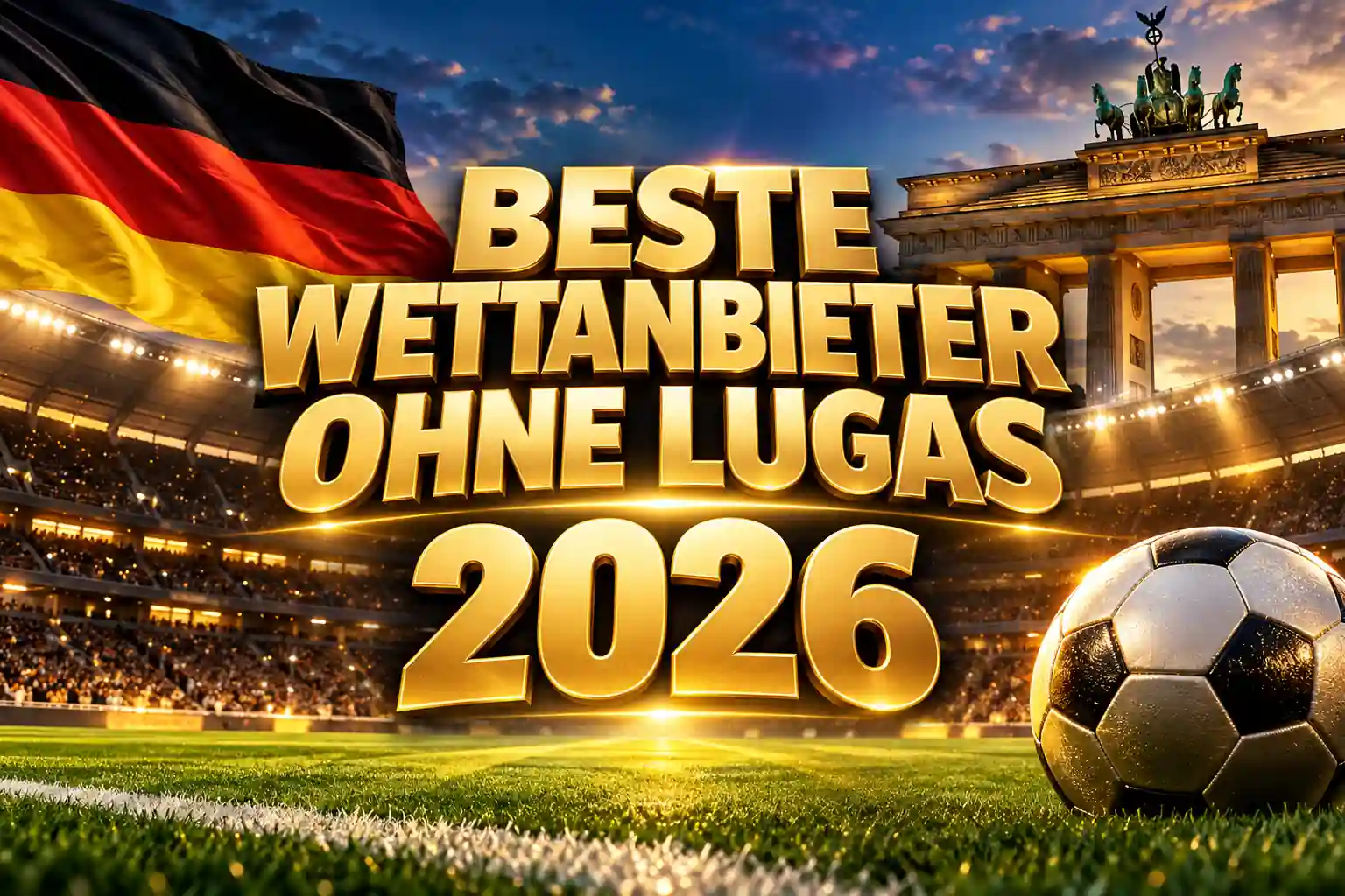 Beste Wettanbieter ohne LUGAS 2026 – goldene Schrift vor einem Fußballstadion mit deutscher Flagge und Fußball