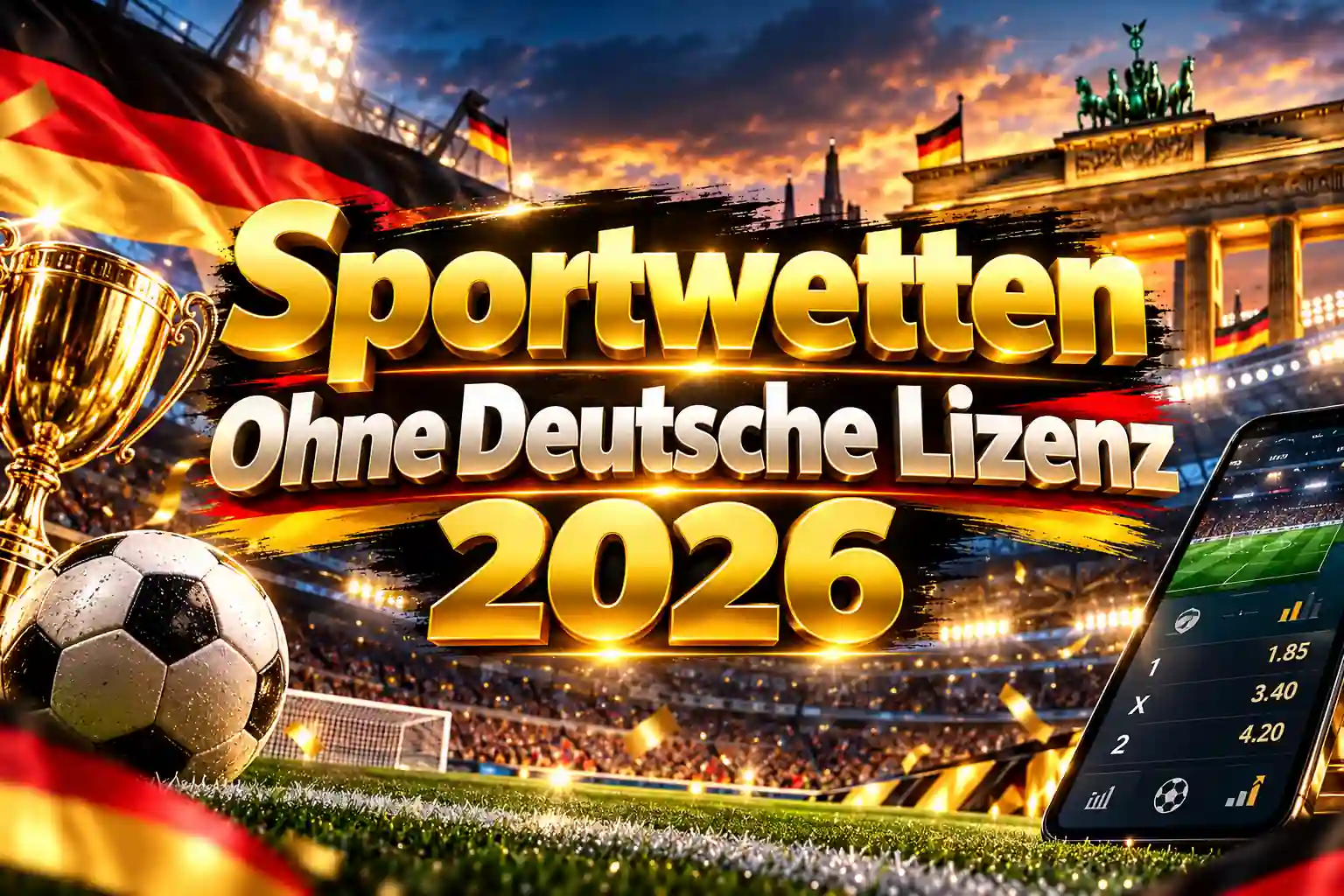 Sportwetten ohne deutsche Lizenz 2026 – goldener Schriftzug vor einem deutschen Fußballstadion mit Pokal und Fußball