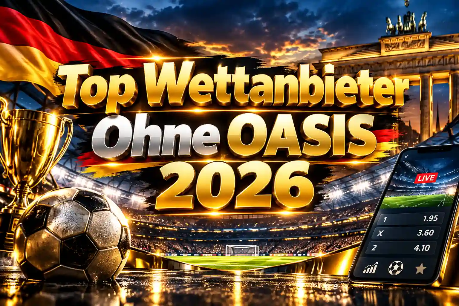 Top Wettanbieter ohne OASIS 2026 – Sportwetten in Deutschland mit Fußballstadion und goldener Typografie
